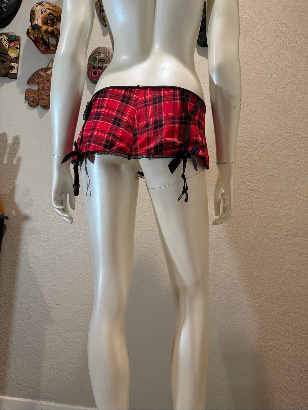 Hustler Lingerie Red Plaid Garter Mini Skirt Size M/L Tartan Schoolgirl